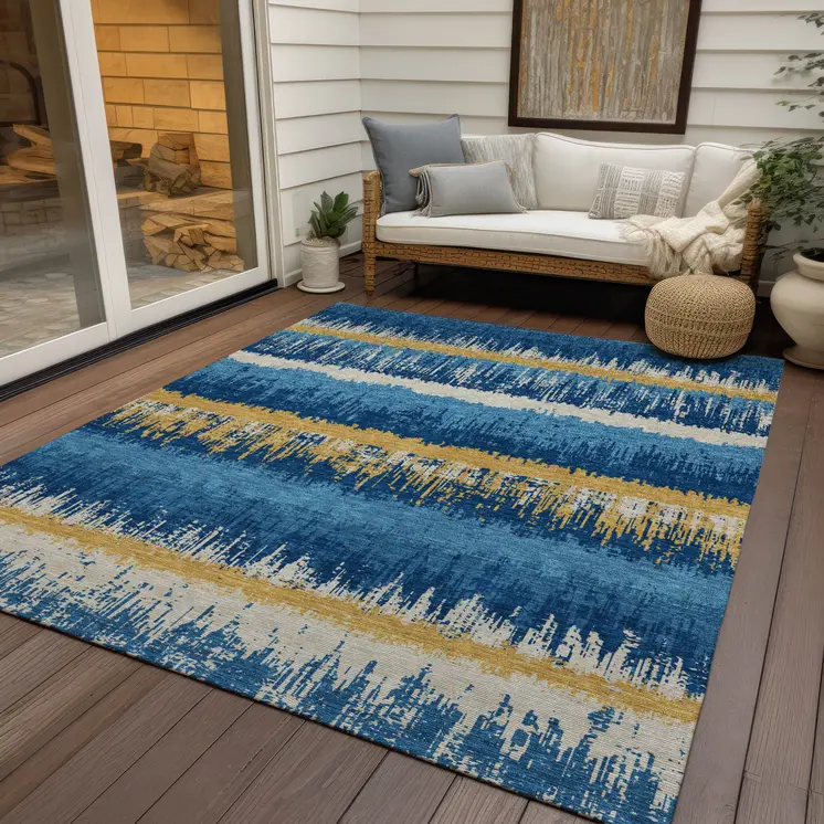 10' X 14' Navy Blue Gold And Ivory Striped Washable Indoor Outdoor Area Rug