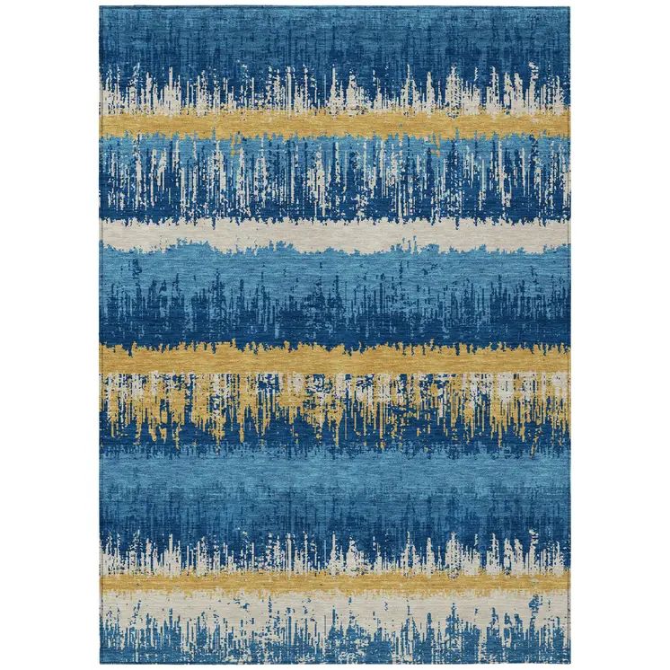 10' X 14' Navy Blue Gold And Ivory Striped Washable Indoor Outdoor Area Rug