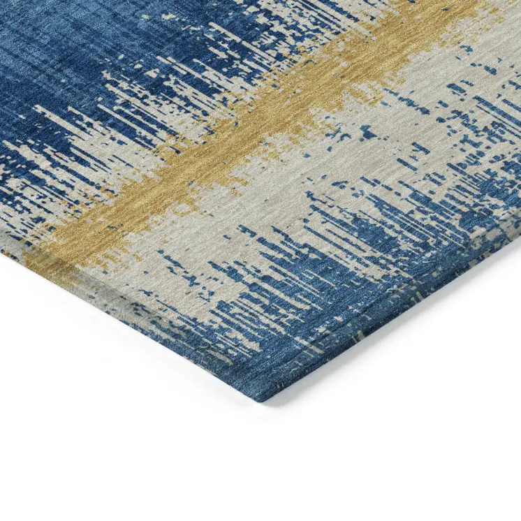 10' X 14' Navy Blue Gold And Ivory Striped Washable Indoor Outdoor Area Rug