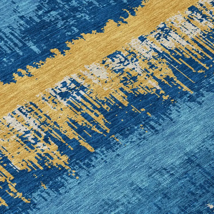 10' X 14' Navy Blue Gold And Ivory Striped Washable Indoor Outdoor Area Rug