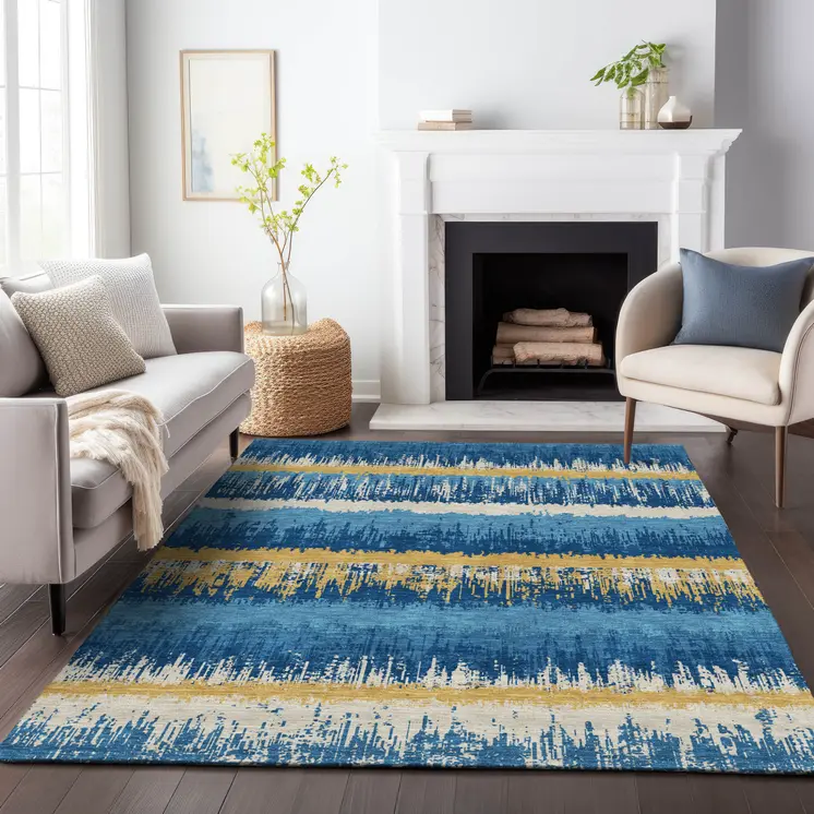 10' X 14' Navy Blue Gold And Ivory Striped Washable Indoor Outdoor Area Rug