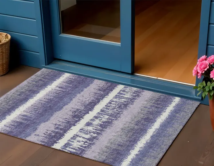 3' X 5' Purple And Ivory Striped Washable Indoor Outdoor Area Rug