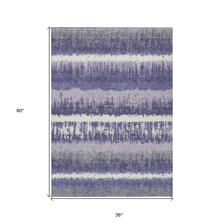 3' X 5' Purple And Ivory Striped Washable Indoor Outdoor Area Rug