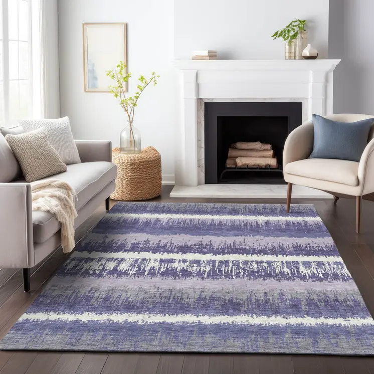 5' X 8' Purple And Ivory Striped Washable Indoor Outdoor Area Rug