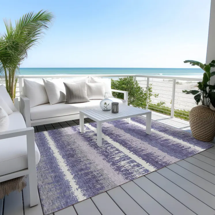 5' X 8' Purple And Ivory Striped Washable Indoor Outdoor Area Rug
