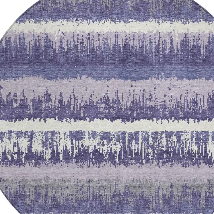 8' Purple And Ivory Round Striped Washable Indoor Outdoor Area Rug