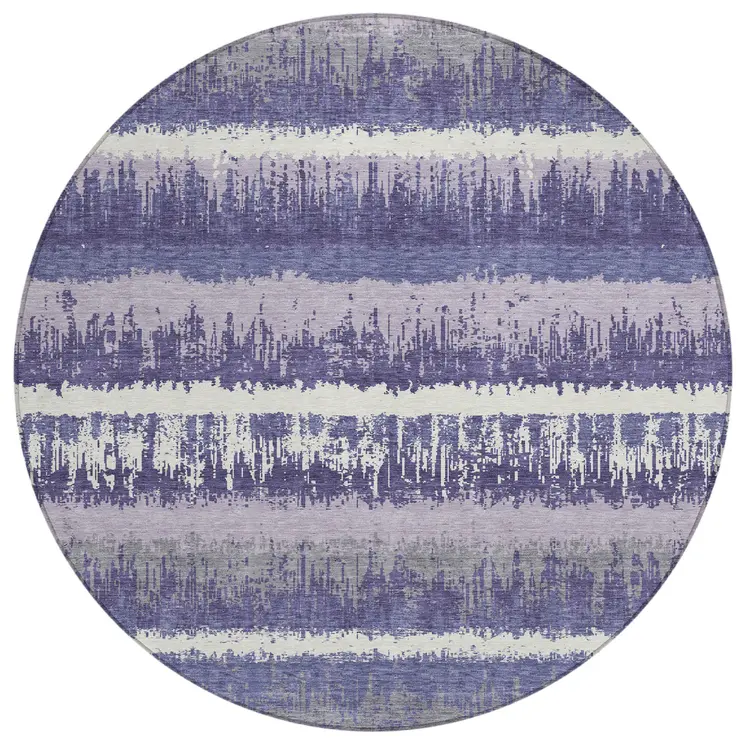 8' Purple And Ivory Round Striped Washable Indoor Outdoor Area Rug