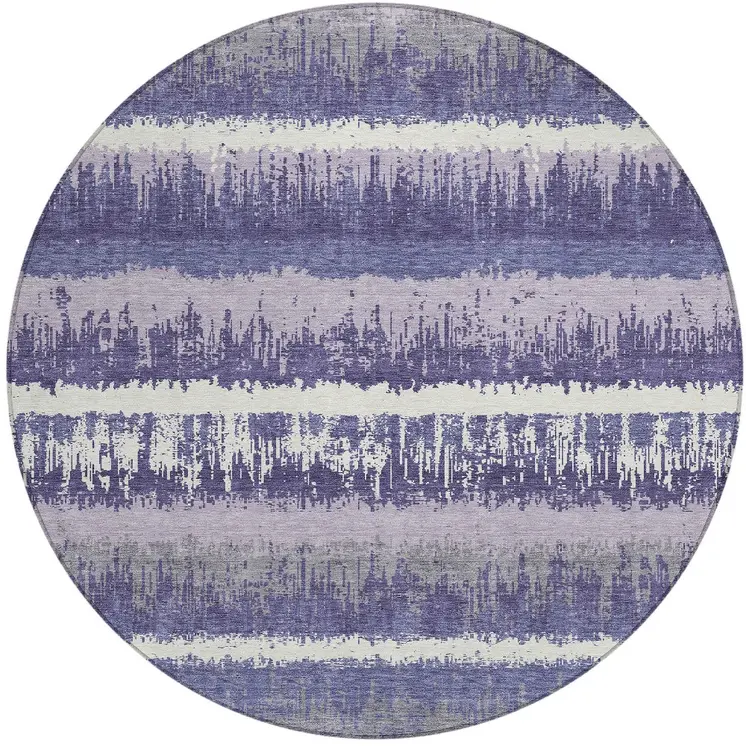 8' Purple And Ivory Round Striped Washable Indoor Outdoor Area Rug