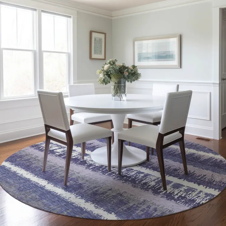 8' Purple And Ivory Round Striped Washable Indoor Outdoor Area Rug