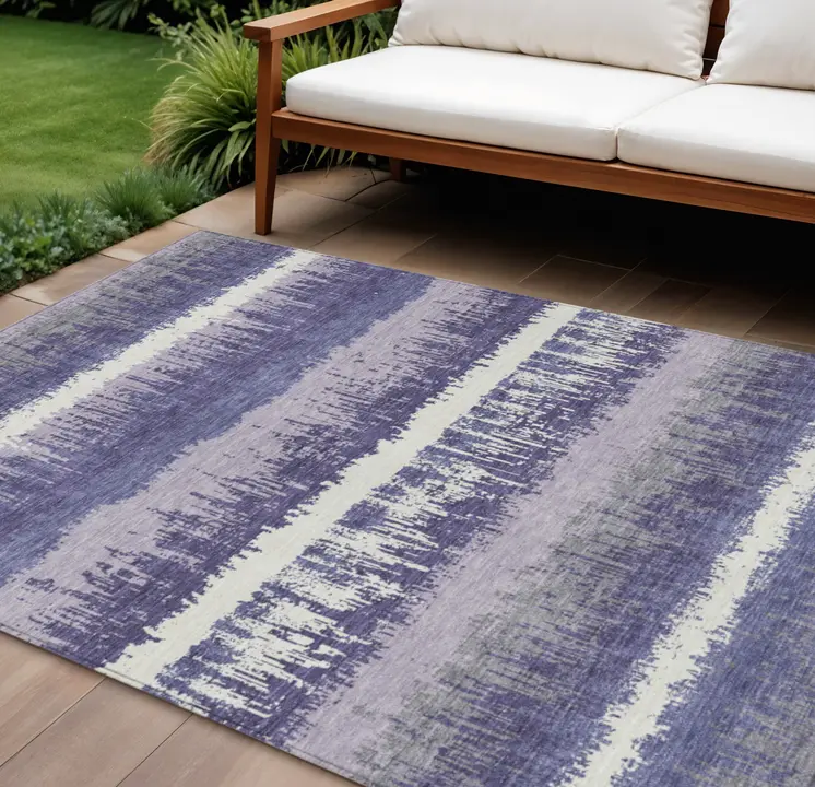 9' X 12' Purple And Ivory Striped Washable Indoor Outdoor Area Rug
