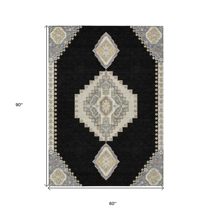 5' X 8' Black Gold And Gray Oriental Washable Indoor Outdoor Area Rug