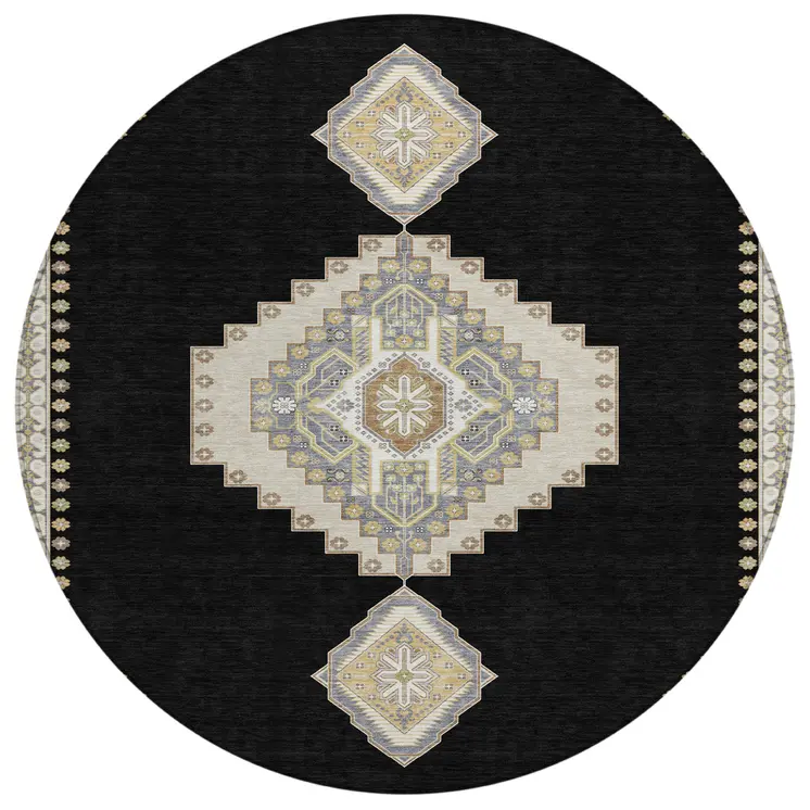 8' Black Gold And Gray Round Oriental Washable Indoor Outdoor Area Rug