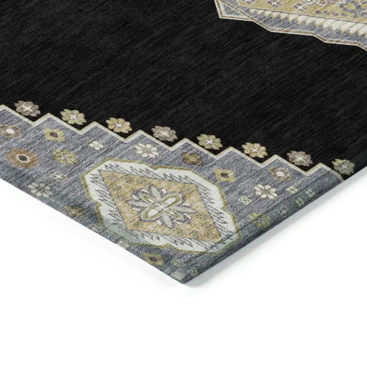 8' Black Gold And Gray Round Oriental Washable Indoor Outdoor Area Rug
