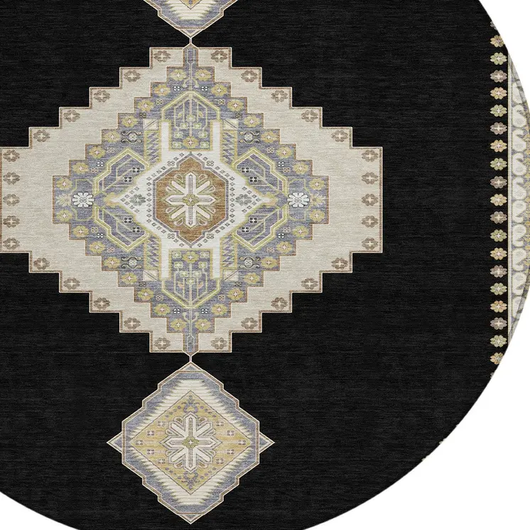 8' Black Gold And Gray Round Oriental Washable Indoor Outdoor Area Rug