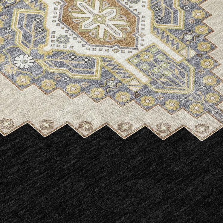 8' Black Gold And Gray Round Oriental Washable Indoor Outdoor Area Rug
