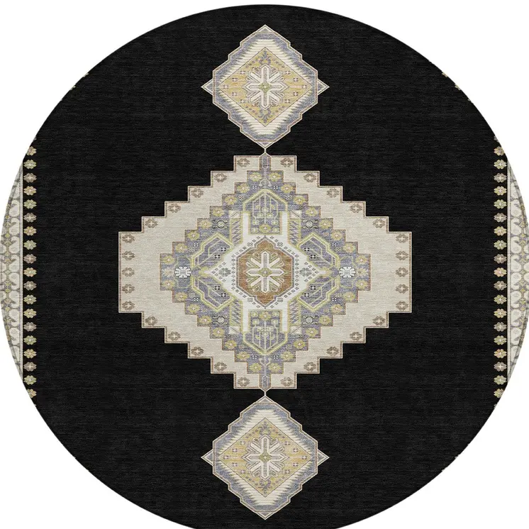 8' Black Gold And Gray Round Oriental Washable Indoor Outdoor Area Rug