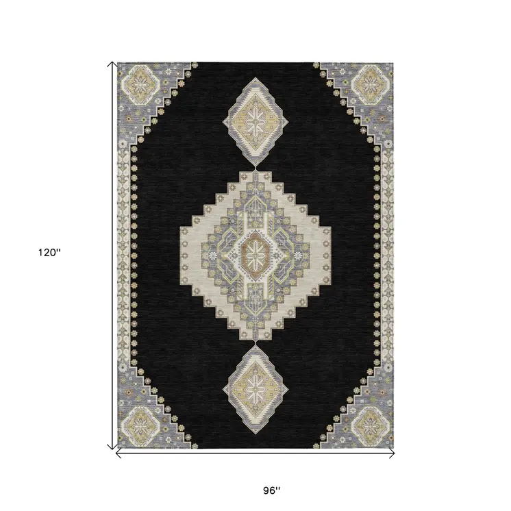 8' X 10' Black Gold And Gray Oriental Washable Indoor Outdoor Area Rug