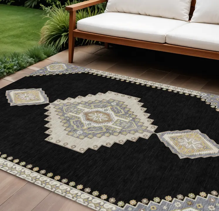 8' X 10' Black Gold And Gray Oriental Washable Indoor Outdoor Area Rug