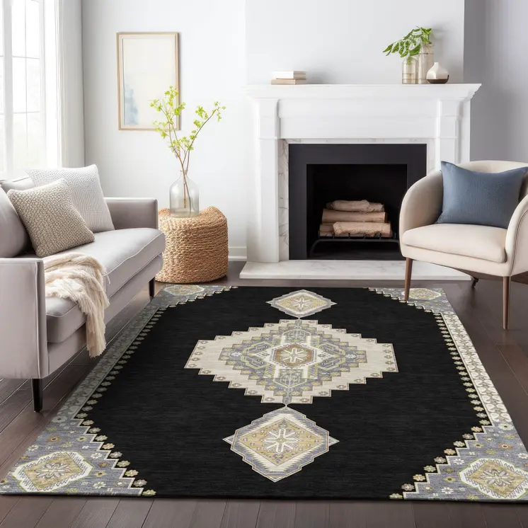 9' X 12' Black Gold And Gray Oriental Washable Indoor Outdoor Area Rug