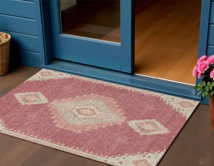3' X 5' Blush Gray And Beige Oriental Washable Indoor Outdoor Area Rug