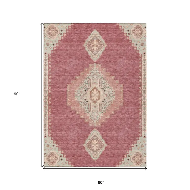 5' X 8' Blush Gray And Beige Oriental Washable Indoor Outdoor Area Rug