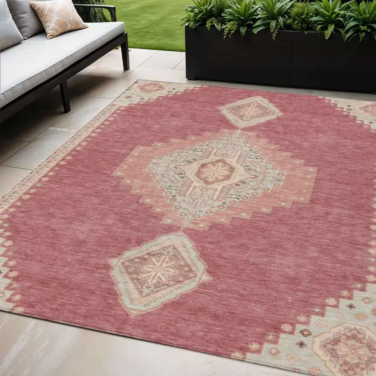 5' X 8' Blush Gray And Beige Oriental Washable Indoor Outdoor Area Rug
