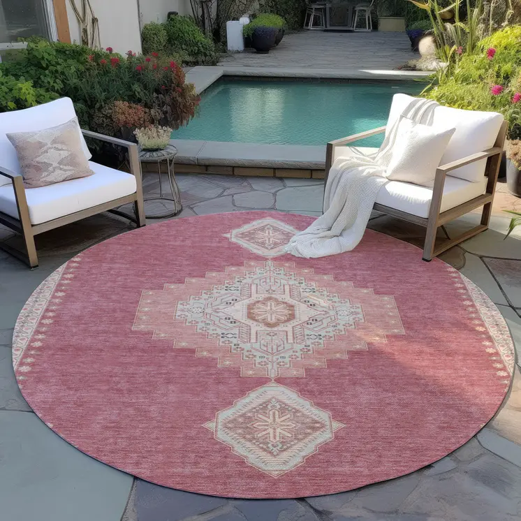 8' Blush Gray And Beige Round Oriental Washable Indoor Outdoor Area Rug