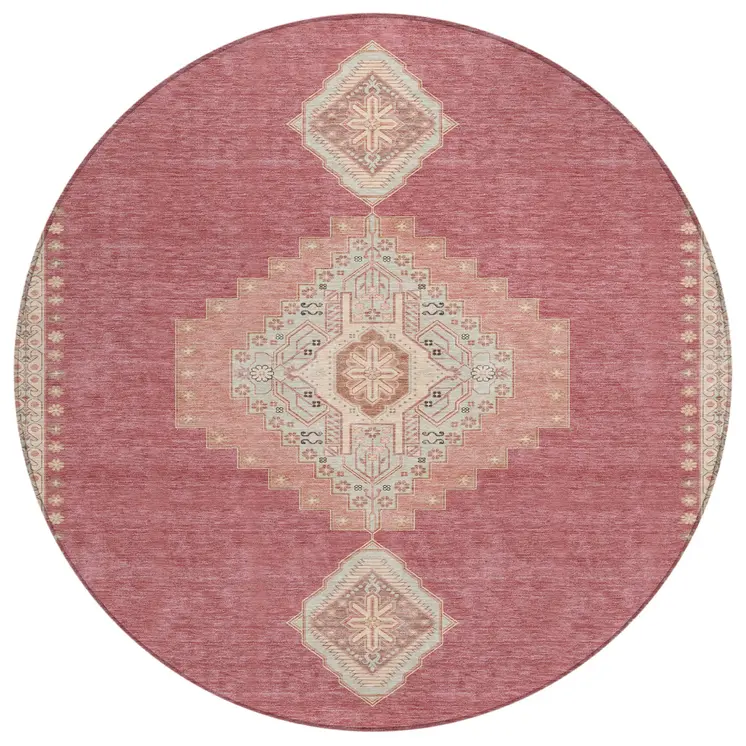8' Blush Gray And Beige Round Oriental Washable Indoor Outdoor Area Rug