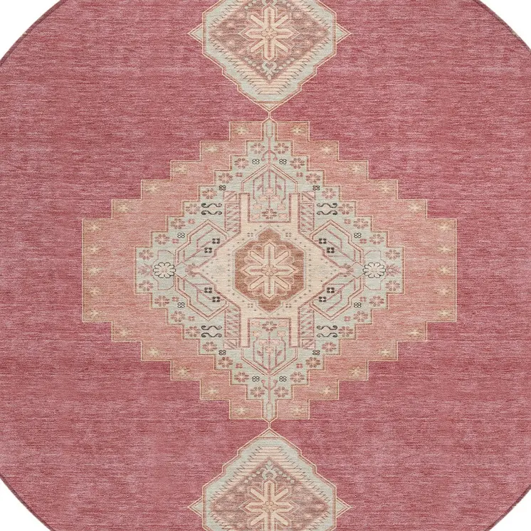 8' Blush Gray And Beige Round Oriental Washable Indoor Outdoor Area Rug