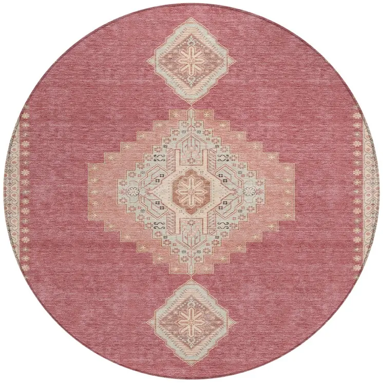 8' Blush Gray And Beige Round Oriental Washable Indoor Outdoor Area Rug