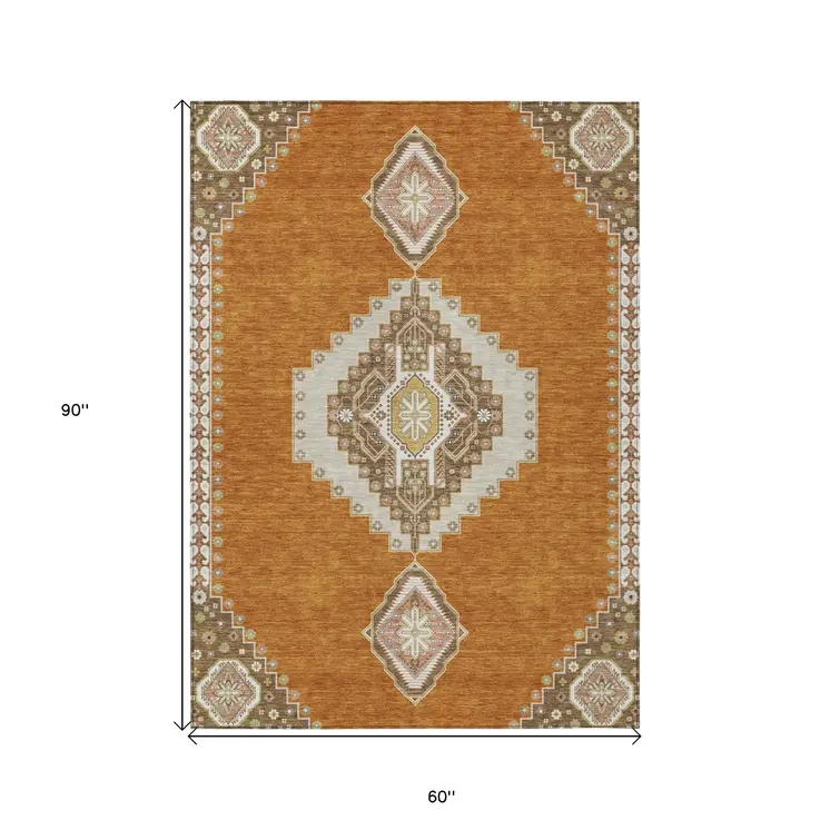 5' X 8' Copper Brown And Ivory Oriental Washable Indoor Outdoor Area Rug