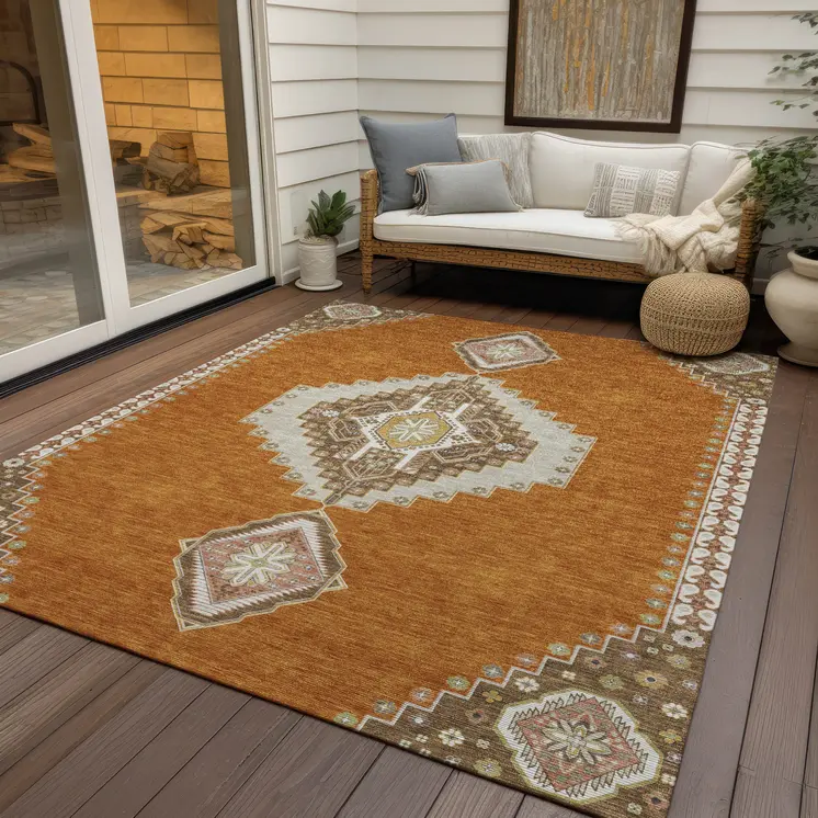5' X 8' Copper Brown And Ivory Oriental Washable Indoor Outdoor Area Rug