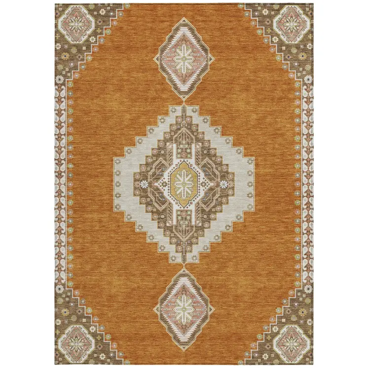 5' X 8' Copper Brown And Ivory Oriental Washable Indoor Outdoor Area Rug