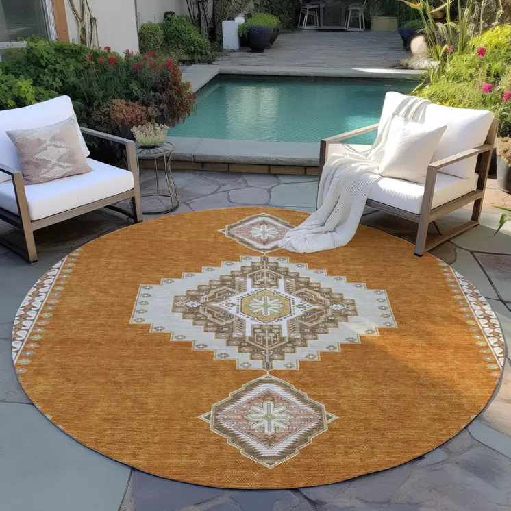 8' Copper Brown And Ivory Round Oriental Washable Indoor Outdoor Area Rug