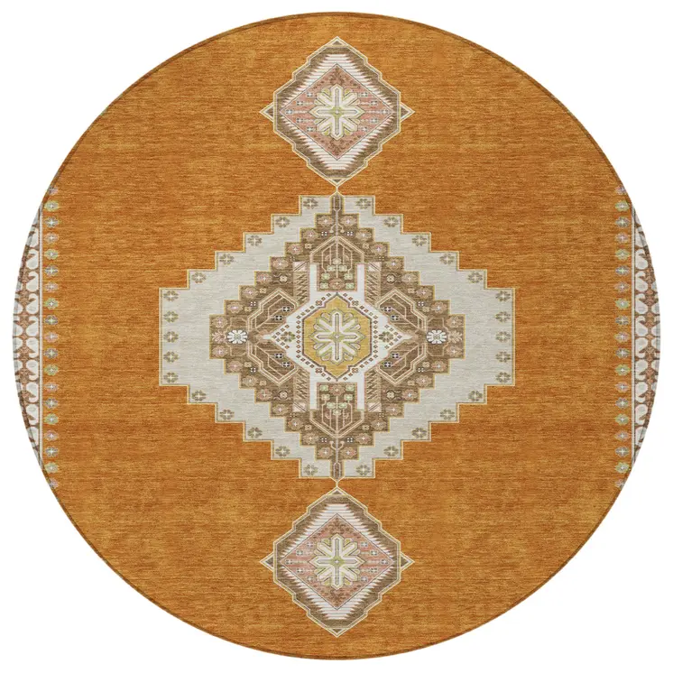 8' Copper Brown And Ivory Round Oriental Washable Indoor Outdoor Area Rug