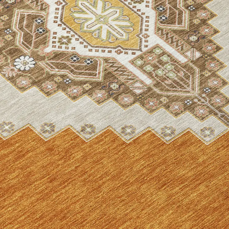 8' Copper Brown And Ivory Round Oriental Washable Indoor Outdoor Area Rug