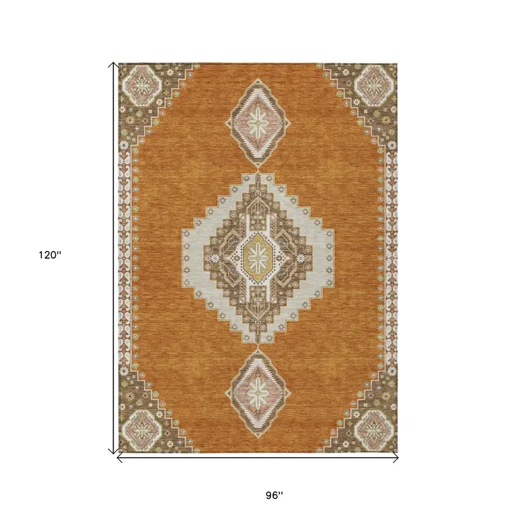 8' X 10' Copper Brown And Ivory Oriental Washable Indoor Outdoor Area Rug