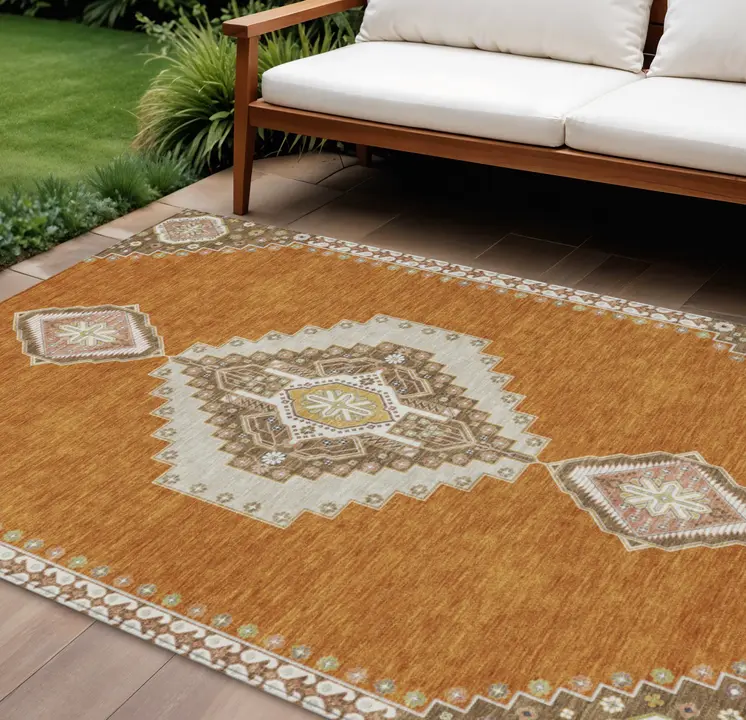 8' X 10' Copper Brown And Ivory Oriental Washable Indoor Outdoor Area Rug
