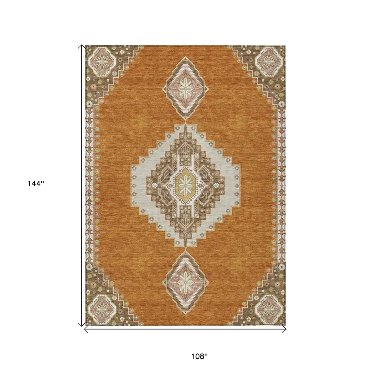 9' X 12' Copper Brown And Ivory Oriental Washable Indoor Outdoor Area Rug