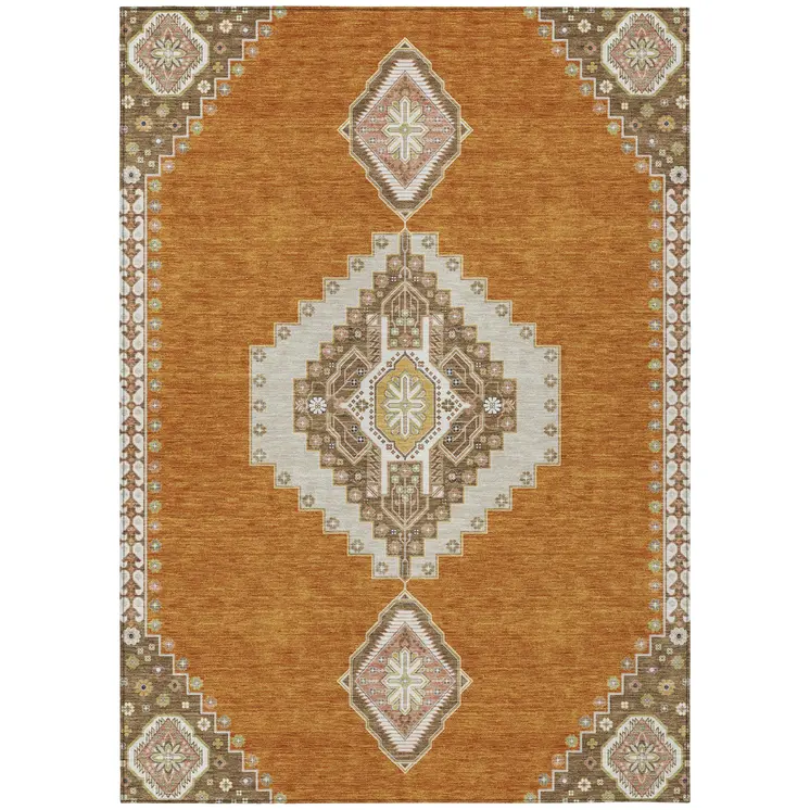 9' X 12' Copper Brown And Ivory Oriental Washable Indoor Outdoor Area Rug