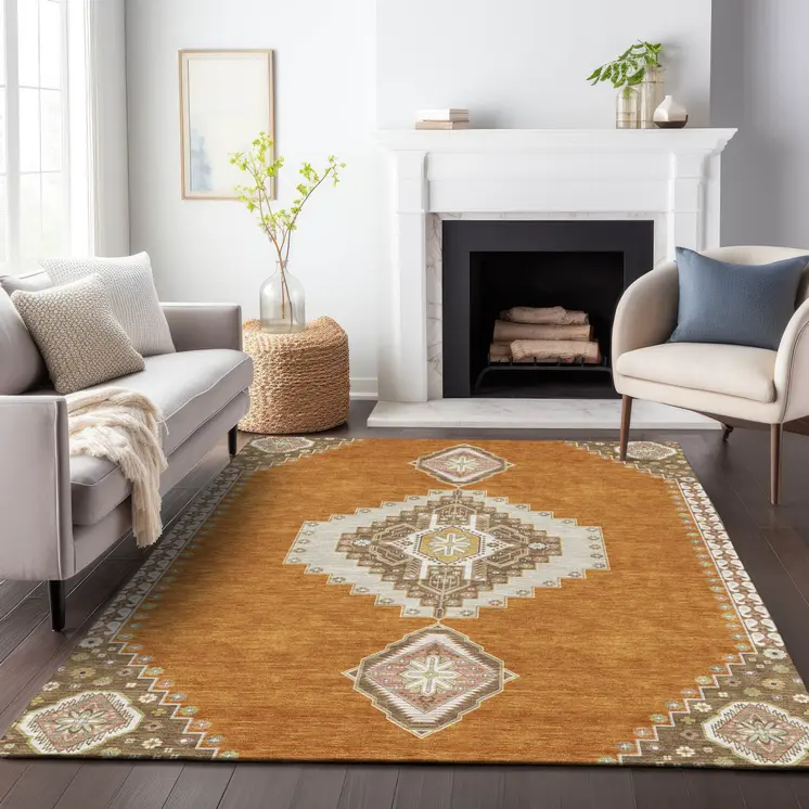 9' X 12' Copper Brown And Ivory Oriental Washable Indoor Outdoor Area Rug