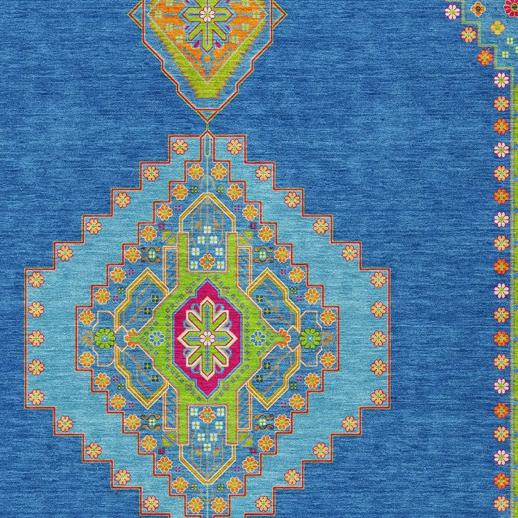 3' X 5' Denim Blue Red And Green Oriental Washable Indoor Outdoor Area Rug