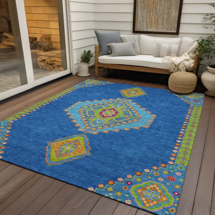 5' X 8' Denim Blue Red And Green Oriental Washable Indoor Outdoor Area Rug