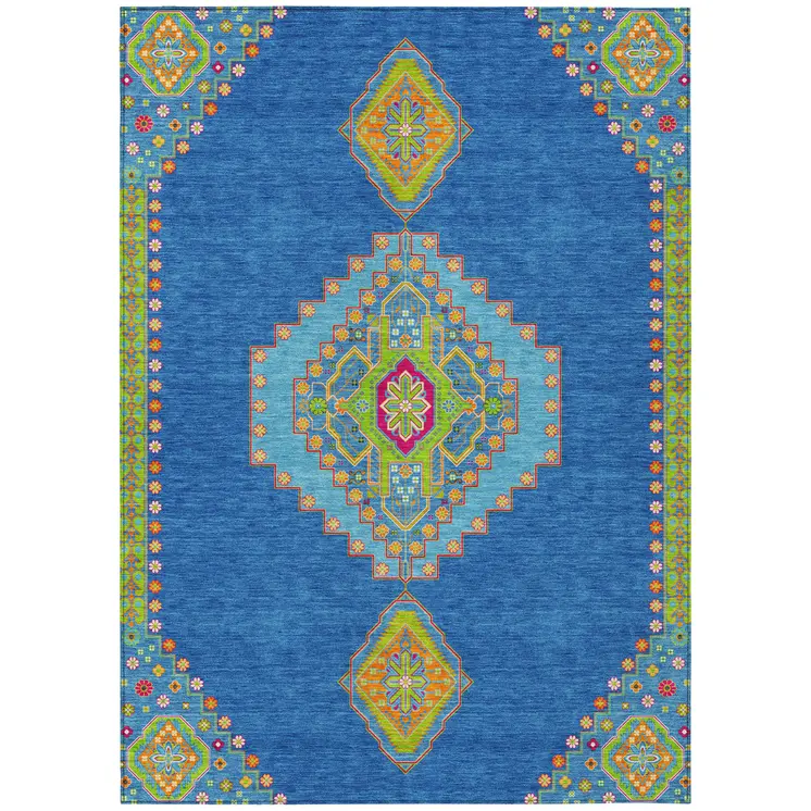 5' X 8' Denim Blue Red And Green Oriental Washable Indoor Outdoor Area Rug