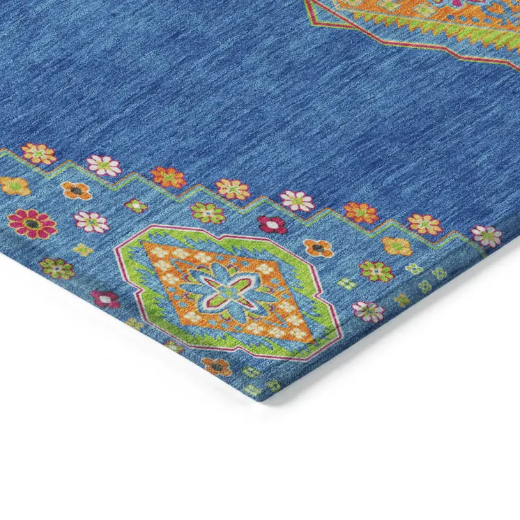 5' X 8' Denim Blue Red And Green Oriental Washable Indoor Outdoor Area Rug