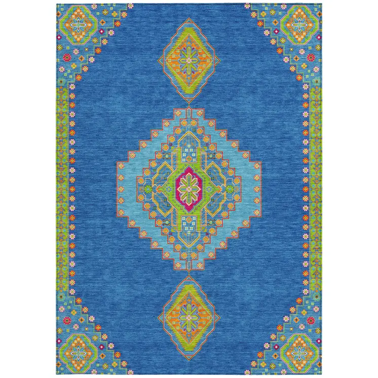 5' X 8' Denim Blue Red And Green Oriental Washable Indoor Outdoor Area Rug