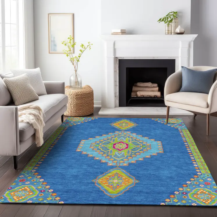 5' X 8' Denim Blue Red And Green Oriental Washable Indoor Outdoor Area Rug