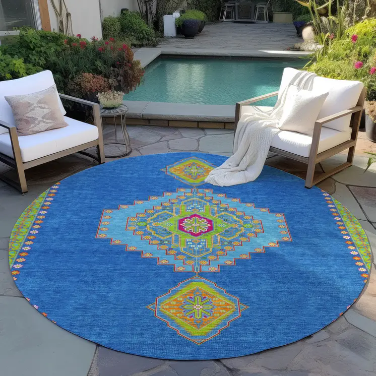 8' Denim Blue Red And Green Round Oriental Washable Indoor Outdoor Area Rug