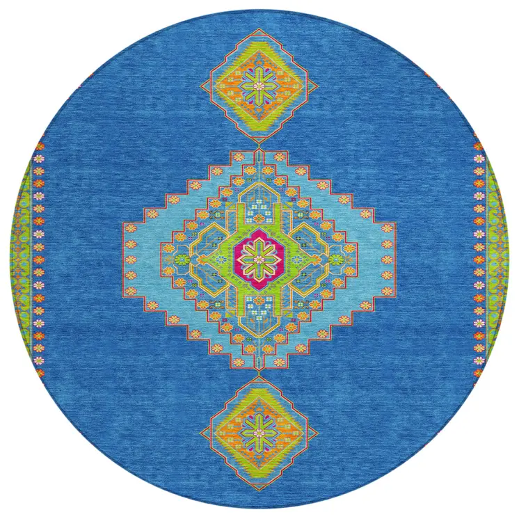 8' Denim Blue Red And Green Round Oriental Washable Indoor Outdoor Area Rug