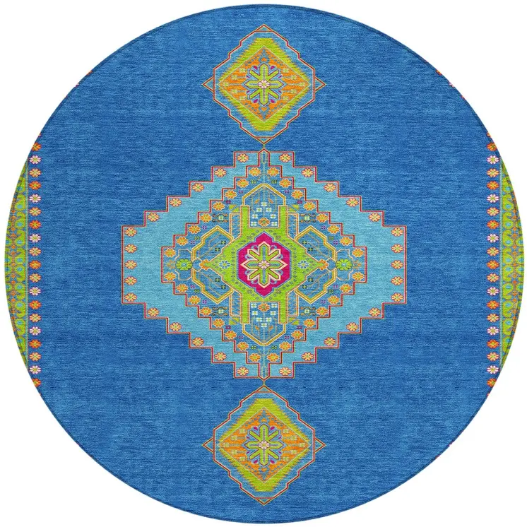 8' Denim Blue Red And Green Round Oriental Washable Indoor Outdoor Area Rug